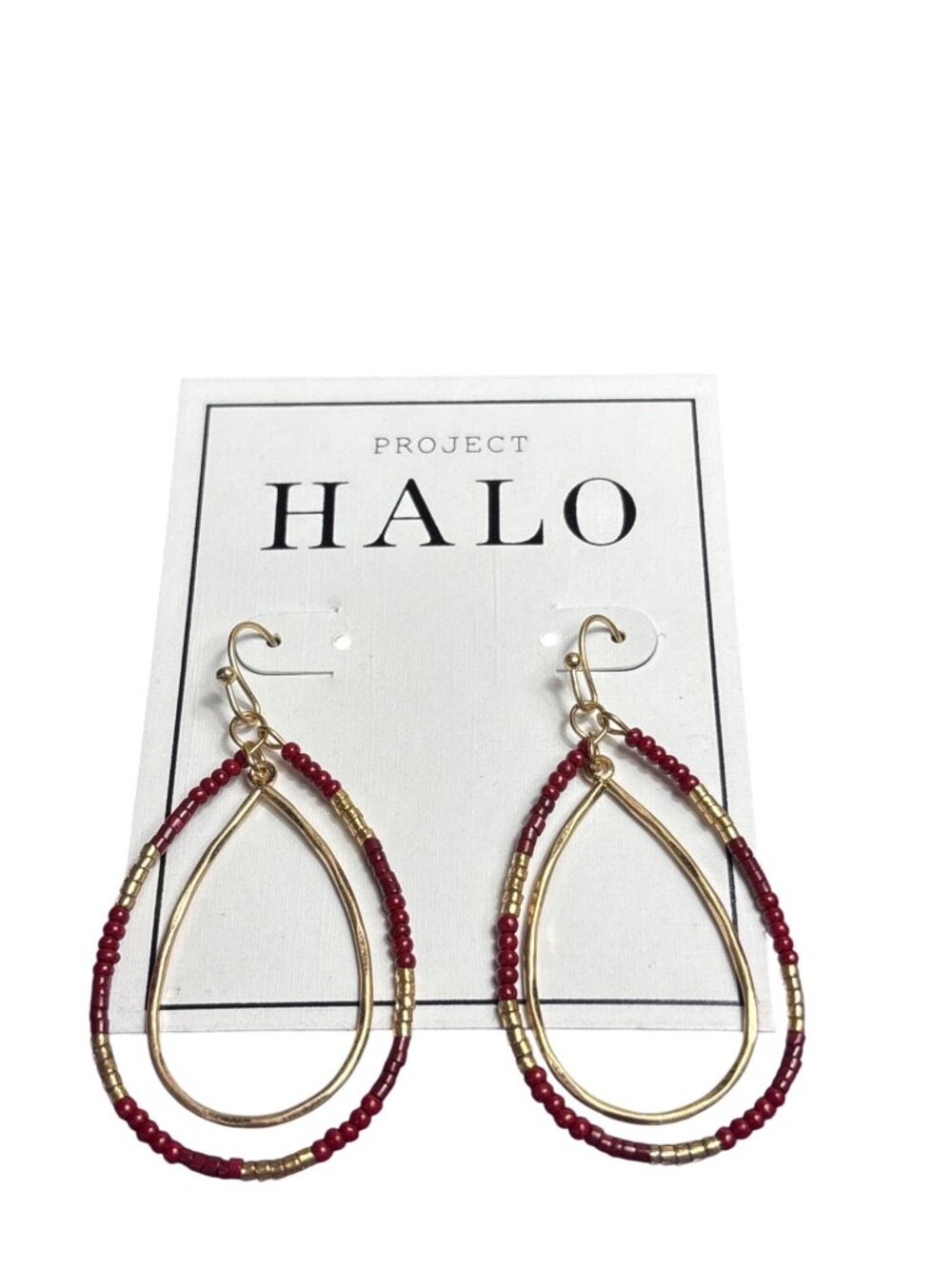 Project Halo Double Teardrop Dangle Earrings Goldtone Red Seed Beads 1.75 in New